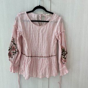 Pink Embroidered Long Sleeve Peasant Blouse